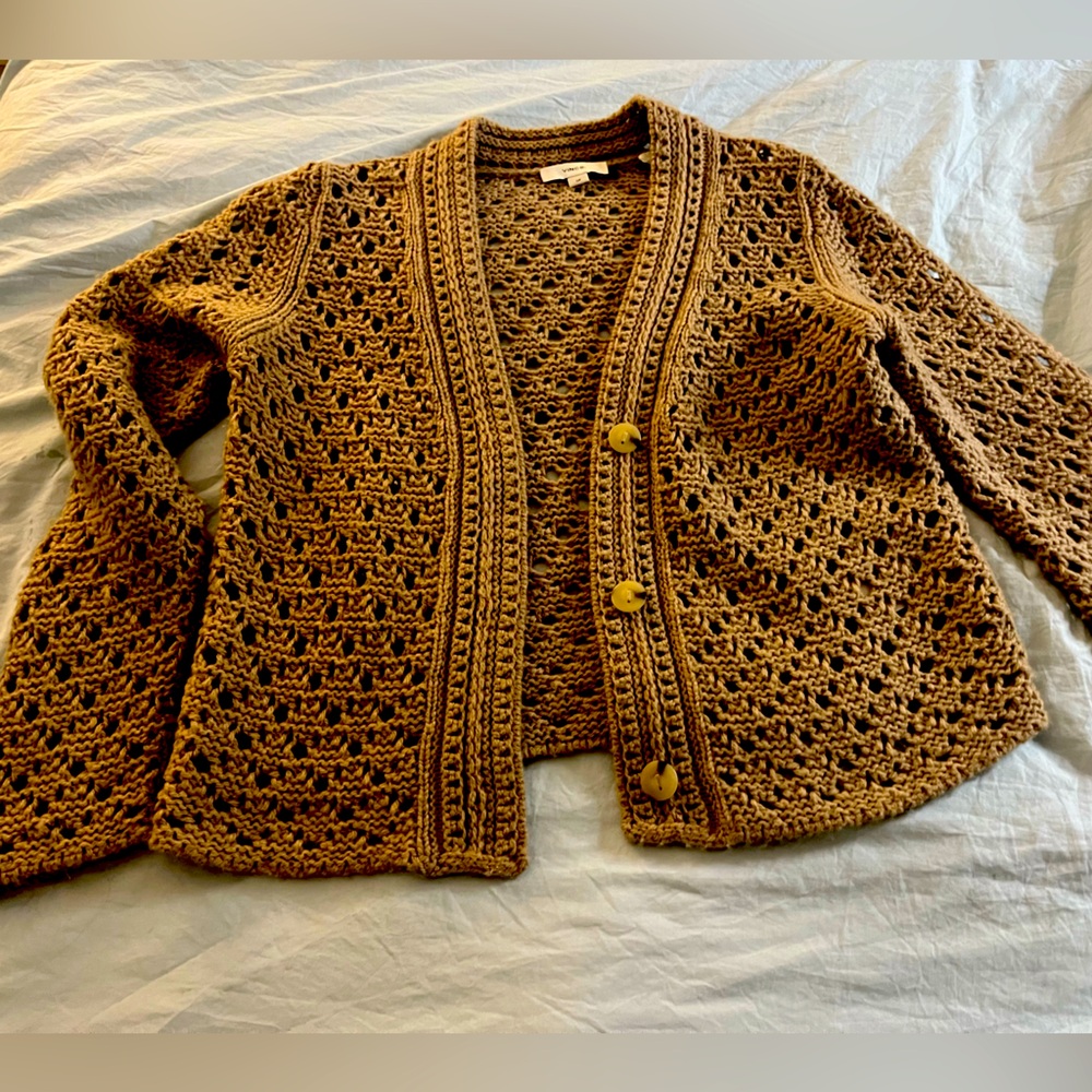 Women’s Small Brown Vince Button Up Sweater with Holes